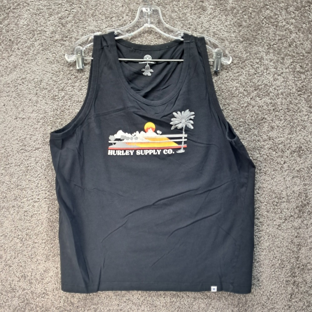 Hurley Supply Co Womens Black Graphic Tank Top Tropical Sunset‎ Palm Tree Large